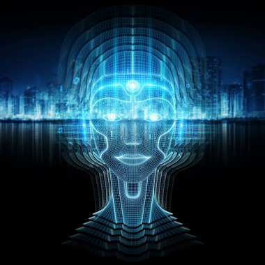 Robotik kadın sayborg kafalı akıllı makine 3 boyutlu görüntüleme