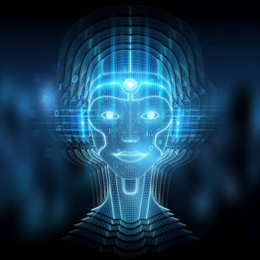 Robotik kadın sayborg kafalı akıllı makine 3 boyutlu görüntüleme