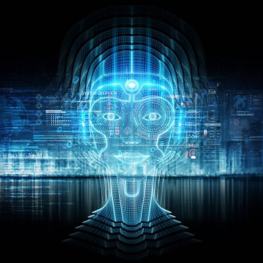 Robotik kadın sayborg kafalı akıllı makine 3 boyutlu görüntüleme