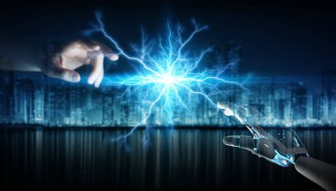 Robot el elektrik koyu arka plan 3d render üzerinde insan el ile oluşturma