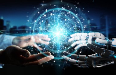 Robot ve insan el dijital küre ağ üzerinde koyu arka plan 3d render dokunmadan