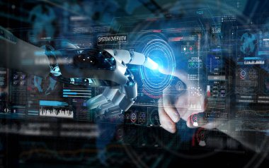 Robot ve insan el koyu arka plan 3d render dijital grafik arabirimde dokunmadan