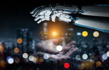 Robot el temas koyu arka plan 3d render üzerinde insan eli ile