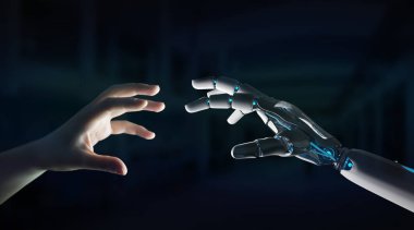 Robot el temas koyu arka plan 3d render üzerinde insan eli ile