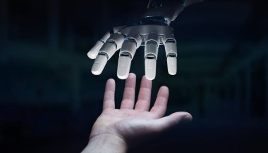 Robot el temas koyu arka plan 3d render üzerinde insan eli ile
