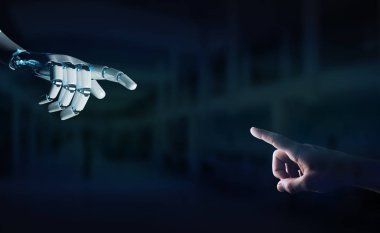 Robot el temas koyu arka plan 3d render üzerinde insan eli ile