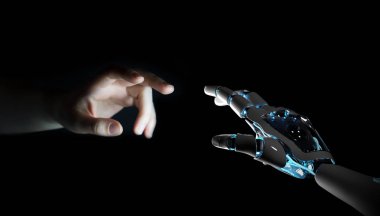 Robot el temas koyu arka plan 3d render üzerinde insan eli ile