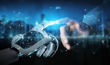 Robot el temas koyu arka plan 3d render üzerinde insan eli ile