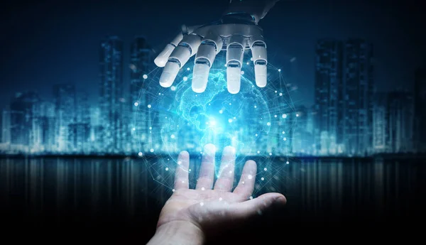 Mão Robô Mão Humana Tocando Mundo Digital Fundo Escuro Renderização — Fotografia de Stock