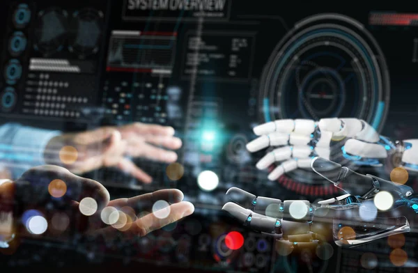 Robot hand and human hand touching digital graph interface on dark background 3D rendering