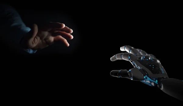 Robot Kezét Kapcsolatot Emberi Kéz Sötét Háttér Előtt Leképezés — Stock Fotó