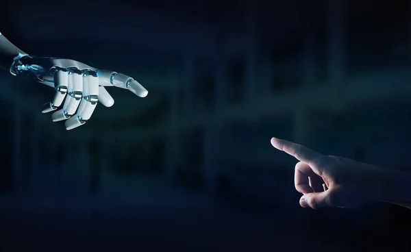 Robot Hand Making Contact Human Hand Dark Background Rendering — Stock Photo, Image