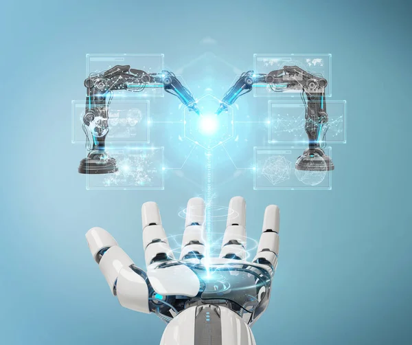 White robot hand on blurred background using robotics arms with digital screen 3D rendering