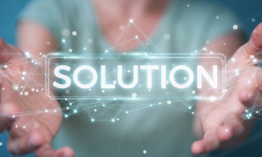 İşkadını çözüm dijital metin 3d rendering kullanarak arka plan bulanık üzerinde