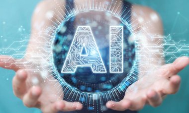 İşkadını dijital yapay zeka simgesi hologram 3B oluşturmayı kullanarak arka plan bulanık üzerinde