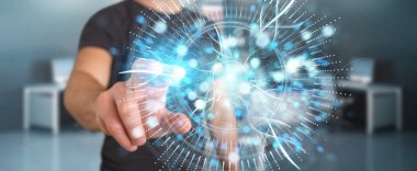 İşadamı dijital göz gözetim hologram 3B oluşturmayı kullanarak arka plan bulanık üzerinde