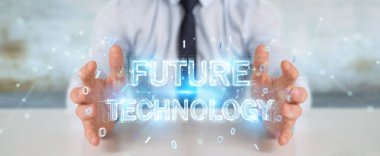 Geleceğin teknolojisi metin arabirimi 3d rendering kullanarak arka plan bulanık üzerinde işadamı