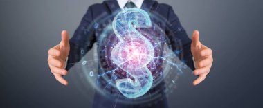 İşadamı 3d işleme dijital paragraf hukuk simgesini kullanarak arka plan bulanık üzerinde