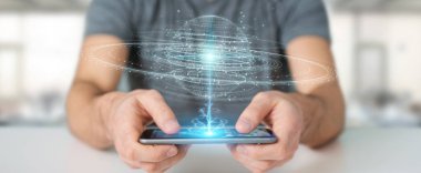 İşadamı dijital küre bağlantısı hologram 3B oluşturmayı kullanarak arka plan bulanık üzerinde