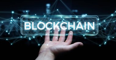 İşadamı blockchain cryptocurrency arabirimi 3d rendering kullanarak arka plan bulanık üzerinde