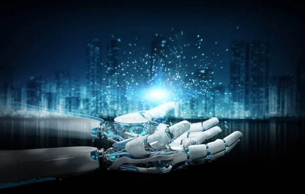 Intelligent robot machine opening hands on dark background 3D rendering