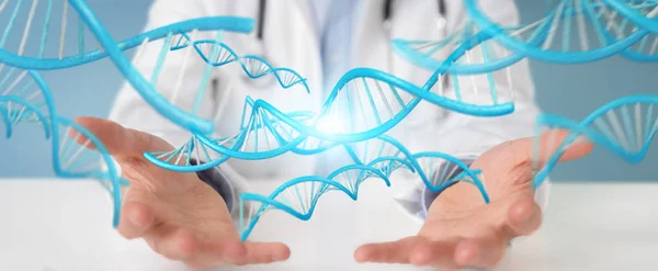 Doctor Blurred Background Holding Blue Digital Dna Structure Rendering — Stock Photo, Image