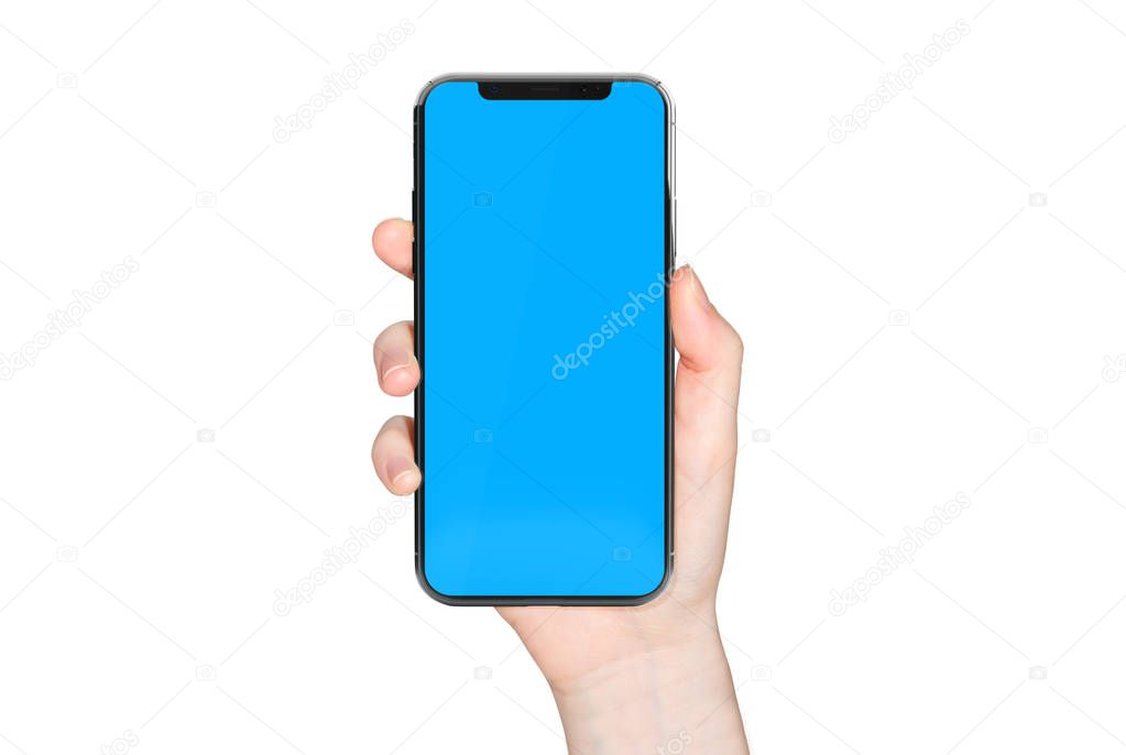 Woman hand holding modern smatphone mockup on white background