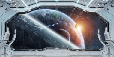 Beyaz temiz uzay gemisi iç uzak sistem 3d işleme öğeleri Nasa tarafından döşenmiş bu görüntünün üzerinde manzaralı