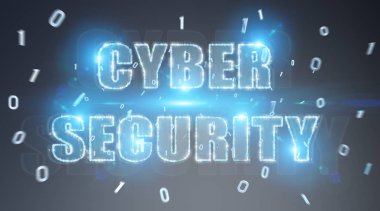 Siber güvenlik metin hologram mavi gri arka planda 3d render