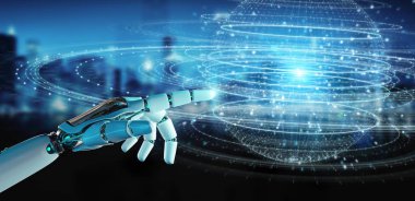 Beyaz robot el dijital küre bağlantısı hologram 3B oluşturmayı kullanarak arka plan bulanık üzerinde