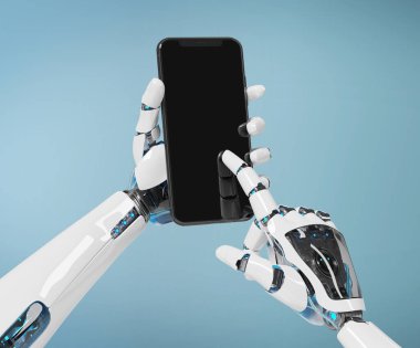 Modern smartphone mockup tutan 3d render mavi zemin üzerine beyaz robot el