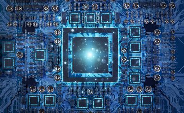 Devreli ve bağlantıları 3 boyutlu olan modern bir GPU kartının yakın görüntüsü