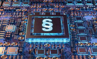Siber Hukuk paragraf sembolü kavramı üzerinde renkli bir Gpu 3d render