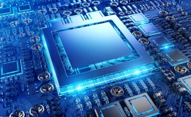 Devre, renkli ışıklar ve 3D görüntüleme ile modern bir GPU kartının yakın görüntüsü