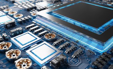 Devre, renkli ışıklar ve 3D görüntüleme ile modern bir GPU kartının yakın görüntüsü