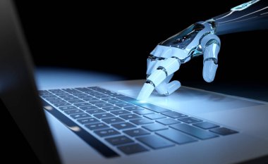 Klavyeye basan Cyborg eli koyu mavi arka planda 3D bir dizüstü bilgisayarda.