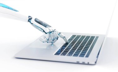 Bir dizüstü bilgisayar 3d render bir klavye tuşuna basarak robot cyborg el Beyaz