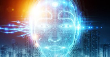 Yapay zeka kavramı 3B oluşturmayı temsil eden robot adam cyborg yüz