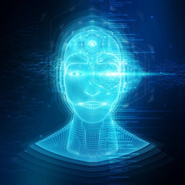 Bir robot cyborg baş kavram 3d render ile akıllı makine