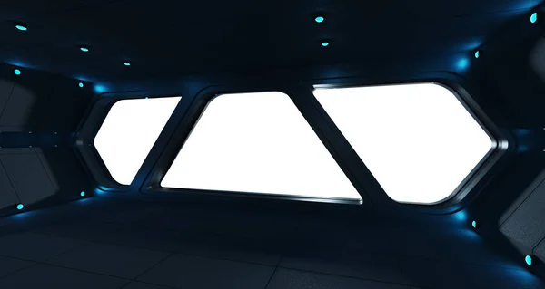 太空飞船未来的内部与孤立的白色窗口视图 — 图库照片