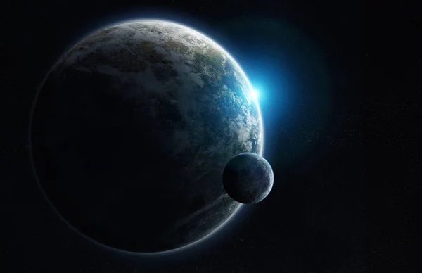 Vzdálený Planetární Systém Vesmíru Exoplanetami Během Východu Slunce Vykreslovací Prvky — Stock fotografie