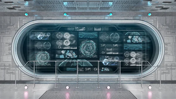 White Spaceship Interior Space Control Panel Digital Screens Rendering — Stock Photo, Image