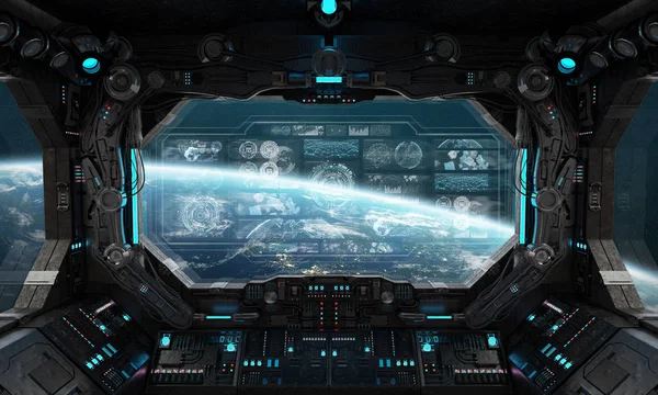 Statek Kosmiczny Ciemne Wnętrze Przestrzeni Panelu Sterowania Renderowania Cyfrowe Ekrany — Zdjęcie stockowe