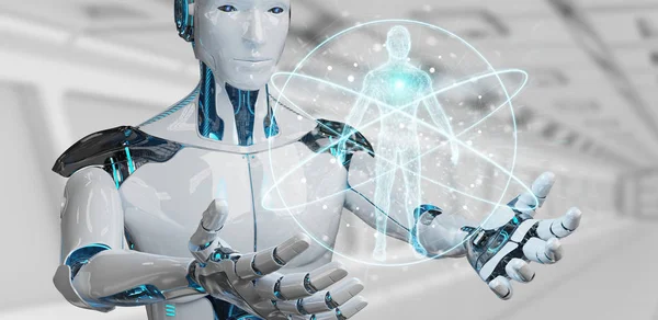 White man robot on blurred background scanning human body 3D rendering