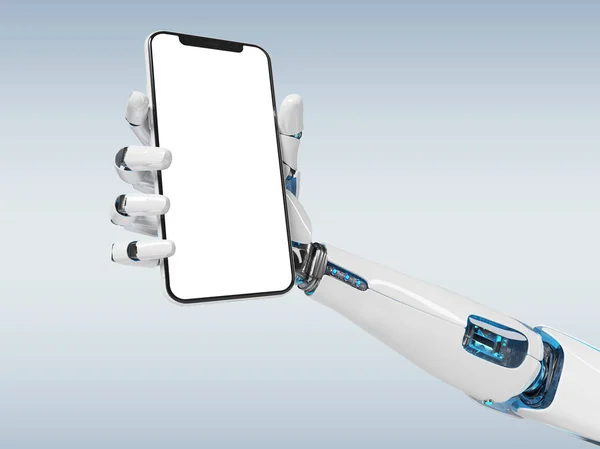 Dłoń Biały Robot Gospodarstwa Nowoczesne Smartphony Makieta Szarym Tle Renderowania — Zdjęcie stockowe