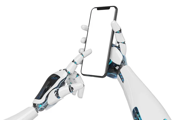 Robot Bianco Mano Tenendo Moderno Smartphone Mockup Sfondo Bianco Rendering — Foto Stock