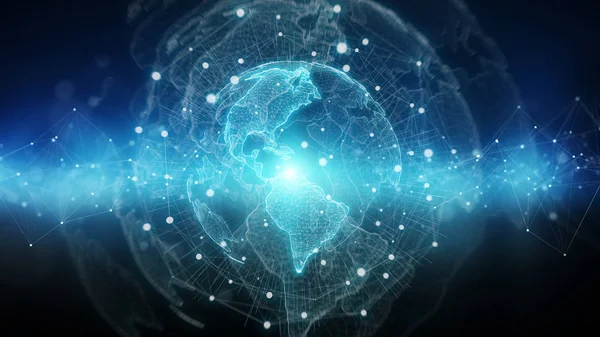 地球上的全球网络蓝色背景3D — 图库照片
