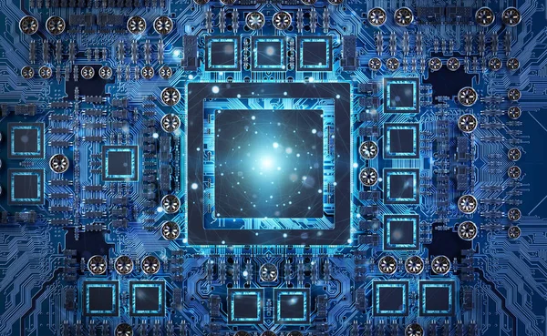 Devreli ve bağlantıları 3 boyutlu olan modern bir GPU kartının yakın görüntüsü