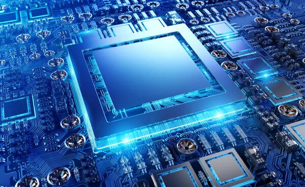 Close-up view of a modern GPU card with circuit and colorful lights and details 3D rendering