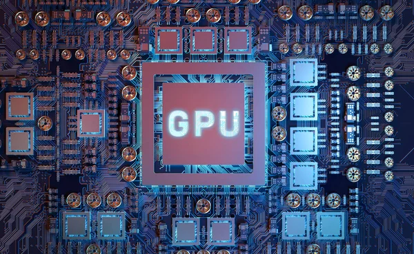 Detailní Pohled Moderní Gpu Kartu Obvodem Barevnými Světly Detaily Vykreslování — Stock fotografie